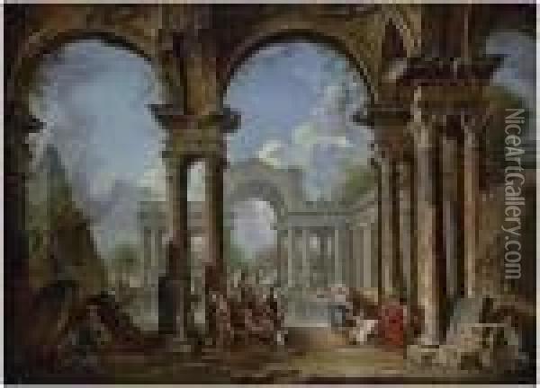 An Architectural Capriccio With Christ At The Pool Ofbethesda Oil Painting - Giovanni Niccolo Servandoni