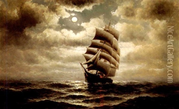 Clipper Ship Under Moonlit Skies Oil Painting - William Alexander Coulter