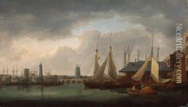 View Of Southwark With Billingsgate Market And London Bridge Oil Painting - William Anderson