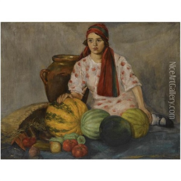 Ukrainian Girl With Fruit Oil Painting - Evgeniy Iosipovich Bukovetsky