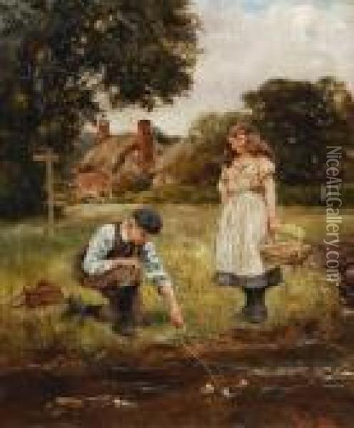 Boy And Girl By A Stream Oil Painting - Henry John Yeend King