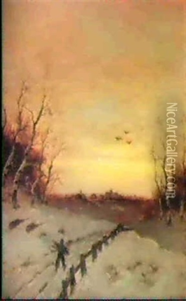 Am Winterlichen Waldweg Oil Painting - August Flockemann