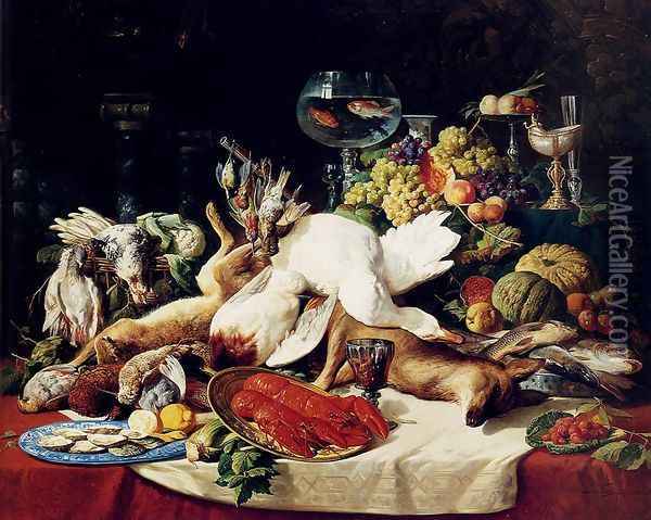A Still Life With Fruit, Fish, Game And A Goldfish Bowl Oil Painting - Lucas Schaefels