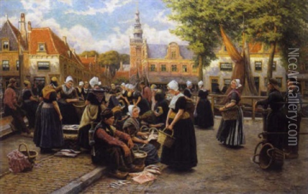 Marktafereel Met Visverkopers Op Walcheren Oil Painting - Henri Houben