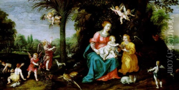 Maria Mit Kind In Einer Landschaft Mit Engeln Und Tieren Oil Painting - Marten Pepyn