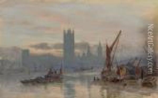 The Thames With The Houses Of Parliament In The Background Oil Painting - Herbert Menzies Marshall