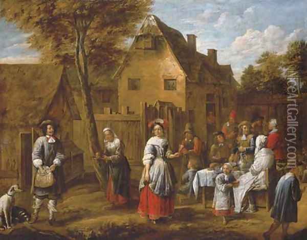 Elegant figures gathering around a table in a courtyard Oil Painting - Gillis van Tilborgh