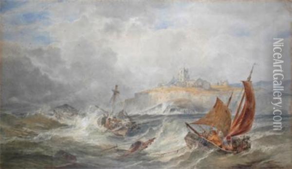 Small Fishing Boats In A Rough Sea Off The Coast With A Ruined Church Oil Painting - Henry James G. Holding