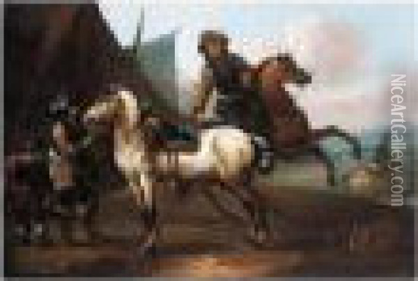 A Cavalry Encampment Oil Painting - August Querfurt