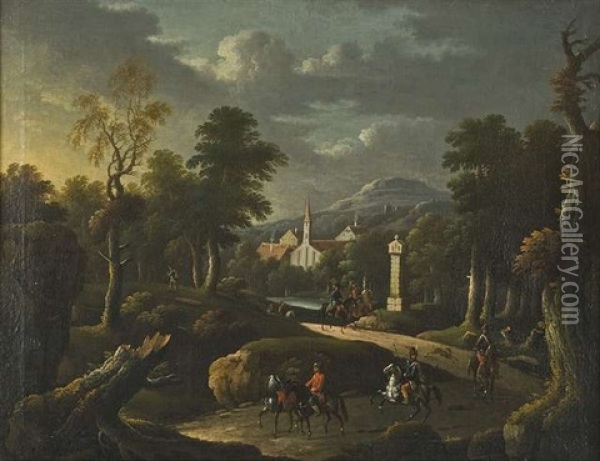 Bergige Landschaft Mit Reitern, Im Hintergrund Ein Kirchdorf Oil Painting - Johann Georg Von Bemmel
