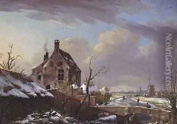 Winter Landscape with figures by a bridge Oil Painting - Pieter Frans de Noter