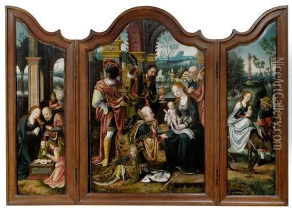 Triptych: Adoration Of The Kings, The Holy Family, The Flight Into Egypt Oil Painting - Pieter Coecke Van Aelst