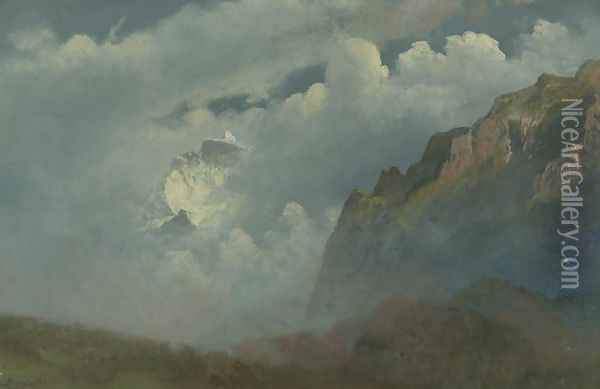 Mountain Peaks in the Clouds Oil Painting - Albert Bierstadt