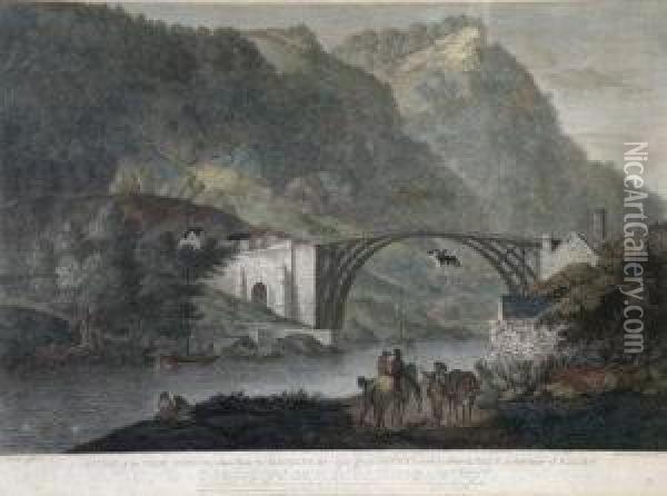 A View Of The Ironbridge Taken From The Madeley Side Oil Painting - George Robertson