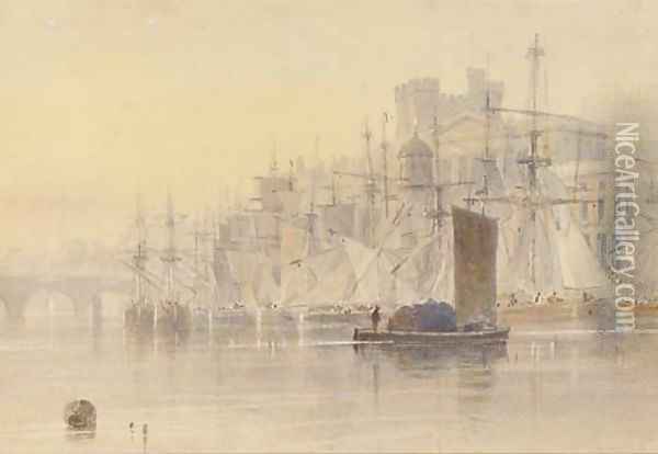 Trading vessels moored at the quayside, Newcastle-upon-Tyne Oil Painting - Thomas Miles Richardson