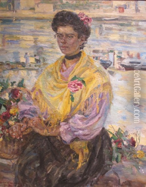 Marchande De Fleurs, St. Jean De Luz Oil Painting - Raphael Lewisohn