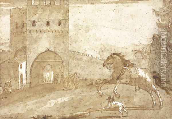 A riderless horse galloping in front of a fortified tower, a Punchinello lying on the ground in the distance Oil Painting - Giovanni Domenico Tiepolo