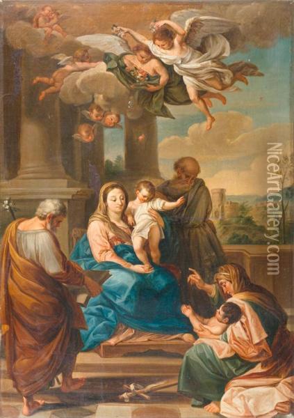 Holy Family Crowned With Flowers By Angels. Oil Painting - Domenico Corvi