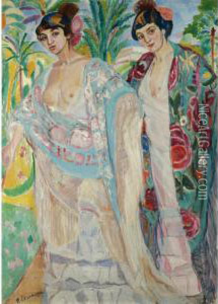 Dos Mujeres Con Manton(spanish Ladies) Oil Painting - Francisco Iturrino Gonzalez