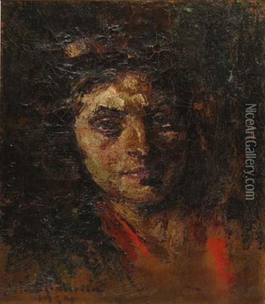 Doamna Cu Sal Rosu Oil Painting - Octav Bancila