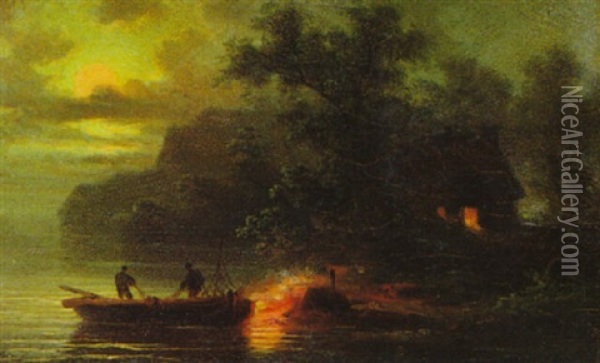 Nachtlicher Fischfang Bei Feuerschein Oil Painting - James Forrester