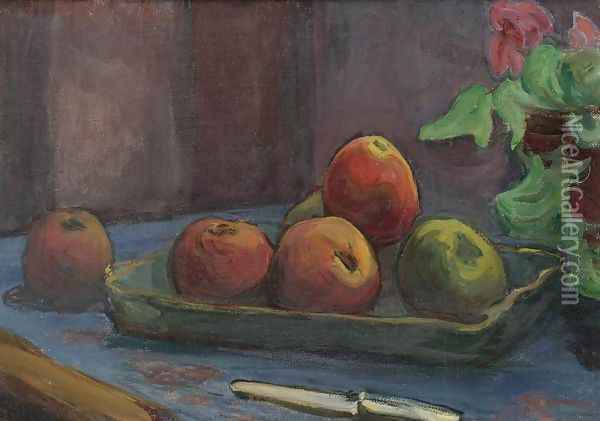 Apples with a Knife and a Pot of Begonias Oil Painting - Wladyslaw Slewinski