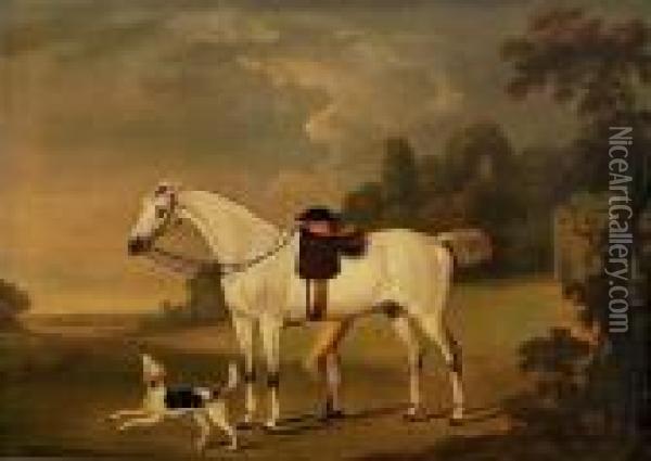 A Grey Hunter With A Groom And A Hound Before A Barn Oil Painting - Thomas Stringer
