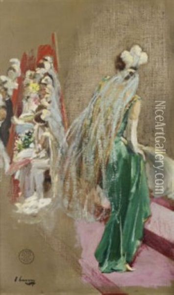 Debutante In Green (study For Their Majesties Court, Buckingham Palace) Oil Painting - John Lavery