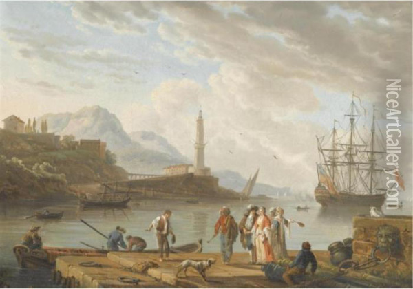 A Mediterranean Harbour Scene With Figures Conversing In The Foreground Oil Painting - Charles Francois Lacroix de Marseille