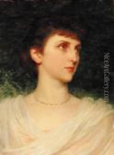 Portrait Of Maude Moore, Head-and-shoulders, In A Pink Dress With White Shawl Oil Painting - Dicksie Frank