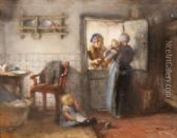 A Chat By The Kitchen Door Oil Painting - Bernardus Johannes Blommers