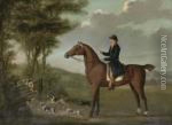 A Huntsman On His Hunter In An Extensive Landscape, With Houndsjumping A Gate Oil Painting - John Nost Sartorius