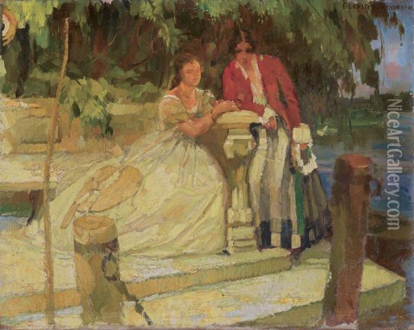 Zwei Damen Bei Einer Steinbank Am See Oil Painting - Ferdinand Dorsch