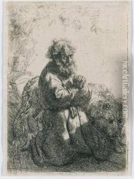 St. Jerome Kneeling In Prayer, Looking Down (b., Holl. 102; H. 140; Bb. 35-h) Oil Painting - Rembrandt Van Rijn