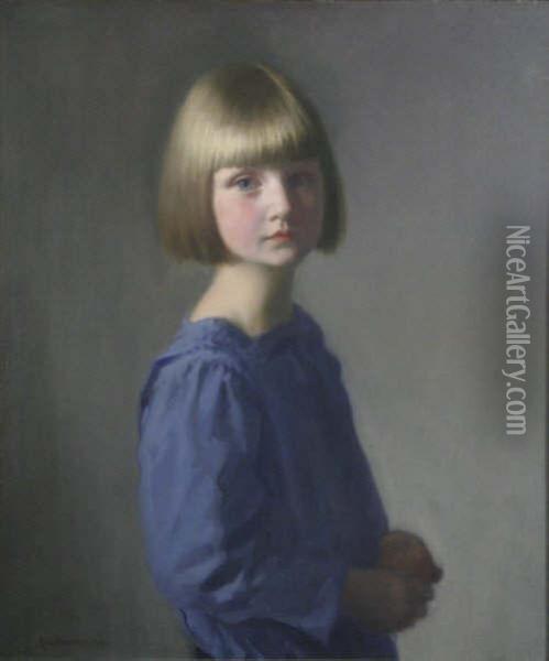 Portrait Of A Girl In A Blue Dress Signed And Dated 1915 27 X 23in Oil Painting - Louis Ginnett
