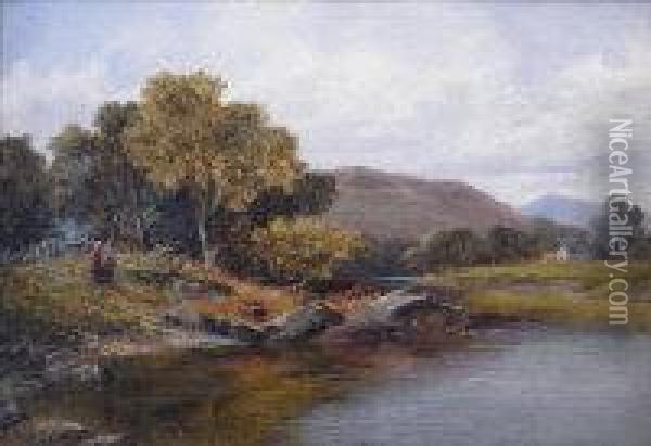 On The Wye Near Builth Oil Painting - Thomas Scott Callowhill