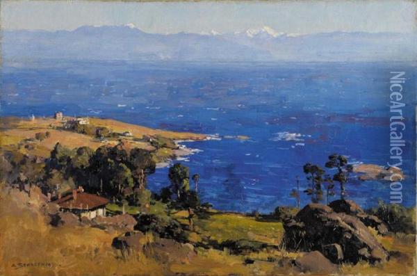 Blue Bay And Olympic Mountains Oil Painting - Arthur Ernest Streeton