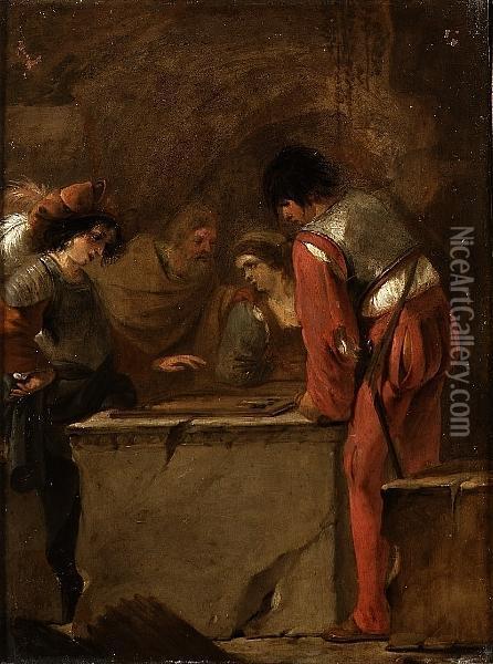Two Young Men Playing Tric-trac On A Stone Ledge, A Lady And A Bearded Man Looking On Oil Painting - Jean Le Clerc
