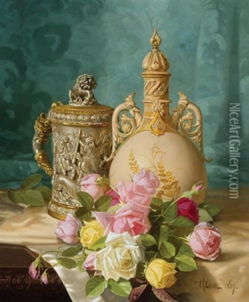 German Stein, Royal Worcester Vase And Roses Oil Painting - Edward Chalmers Leavitt