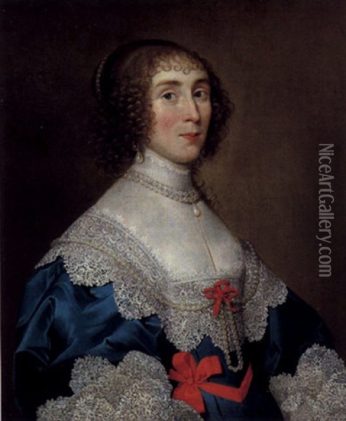 Bildnis Einer Vornehmen Dame In Blauem Kleid Oil Painting - Cornelis Jonson Van Ceulen