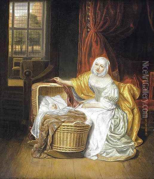Mother with a Child in a Wicker Cradle Oil Painting - Samuel Van Hoogstraten