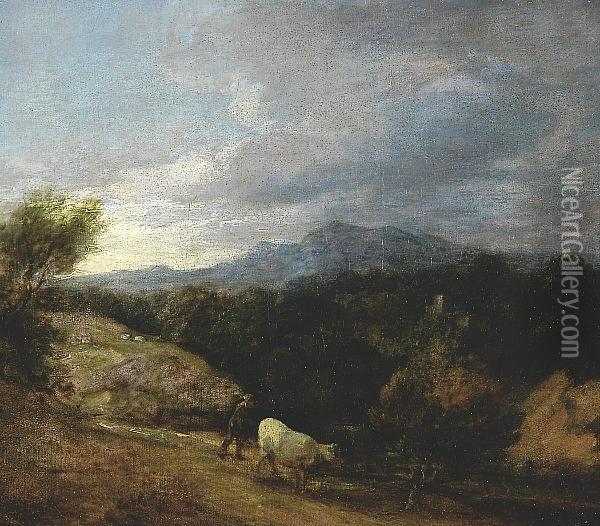 Extensive Wooded Upland Landscape C.1786, Oil On Canvas Oil Painting - Thomas Gainsborough
