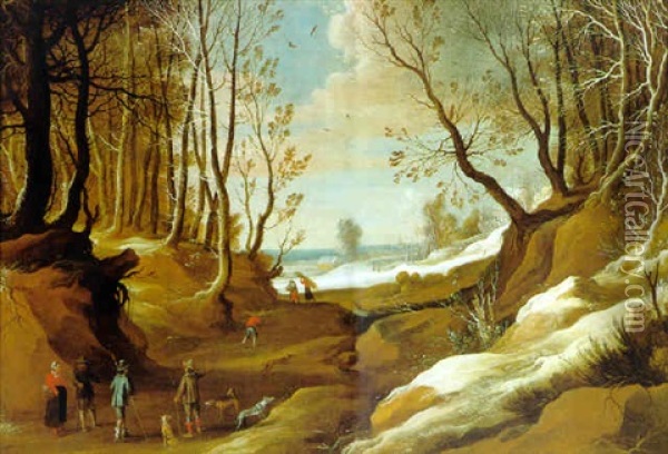 Grose Winterlandschaft Mit Bauern, Jagern Und Holzsammlern Oil Painting - Jacques Fouquieres