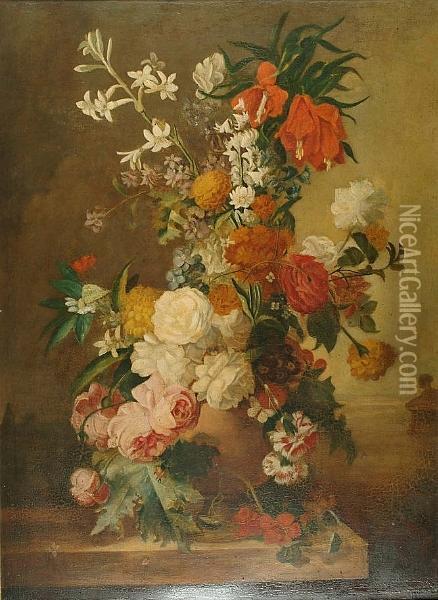 Impressive Still Life Of An Arrangement Of Flowers Displayed On A Stone Ledge Oil Painting - Jan Van Huysum