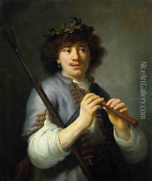 Rembrandt as Shepherd with Staff and Flute c. 1636 Oil Painting - Govert Teunisz. Flinck