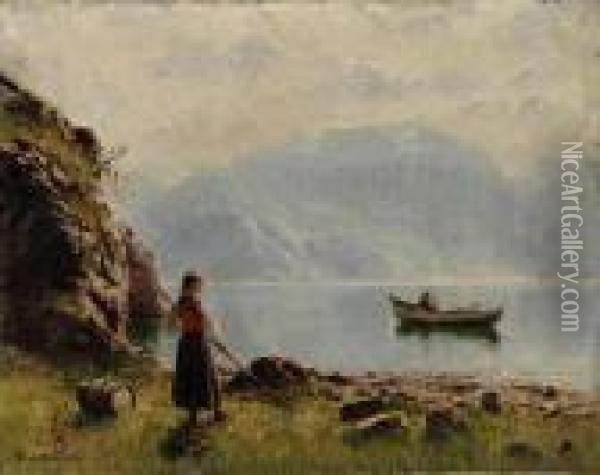 Young Girl By Norwegian Fjord Oil Painting - Hans Dahl