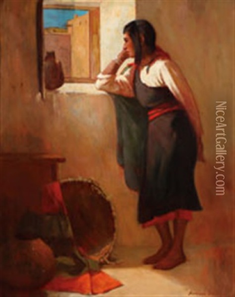 A Navajo Woman With Basket And Olla Oil Painting - Amedee Joullin