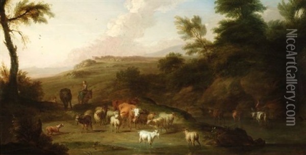 Sudliche Flusslandschaft Mit Vieh Und Hirten An Einer Furt Oil Painting - Philip James de Loutherbourg