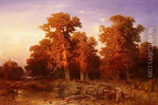 Sunset In A Hungarian Forest Oil Painting - August Schaeffer