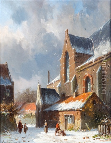 A Snow-covered Dutch Church Square Oil Painting - Adrianus Eversen